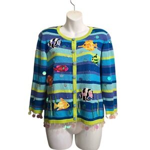 Just B Vintage Striped Fish Nautical Embroidered Cardigan Sz S